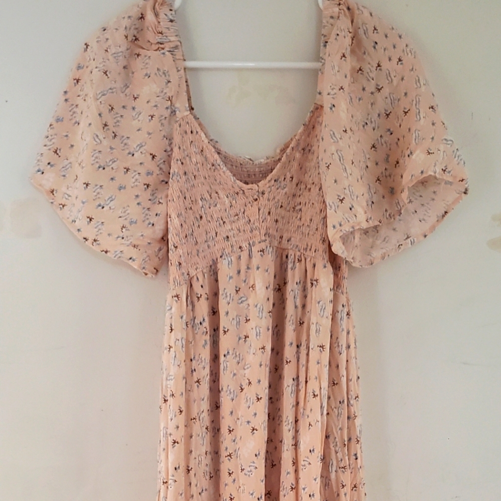 Light Pink Printed Smocked Maternity Midi Dress